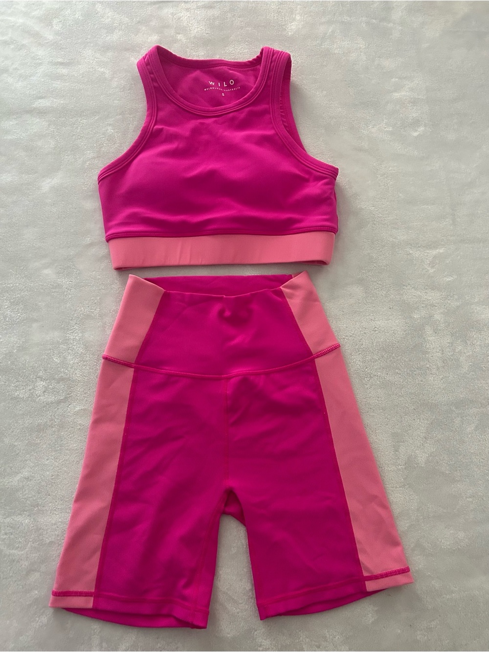 Wilo The Label Pink Ribbed Color Block Biker Shorts Sports Bra Workout Set Small